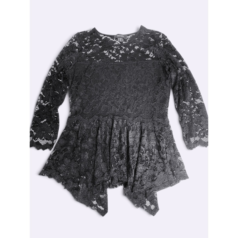 Karen Kane Black Peplum Top Lace Asymmetrical Long Sleeve M Romantic Whimsigoth
